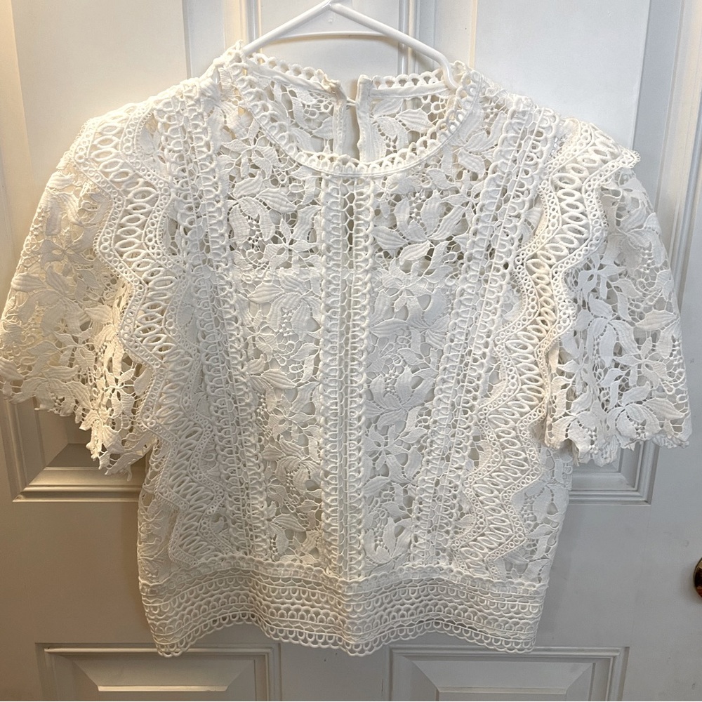 CHICWISH Lace Crochet Short Sleeve Blouse - White - Small